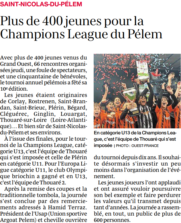 U13 2026 Tournoi Bretagne - article presse